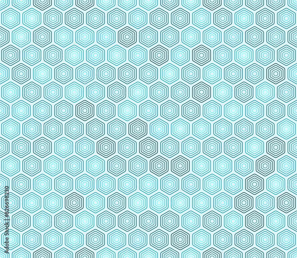 Poster seamless geometric pattern. cyan color tones gradients. rounded stacked hexagons mosaic cells. hexag