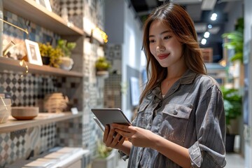Full room shots capturing detail like color schemes, tile work, and design touches of an Asian female interior designer using a tablet in a modern office.