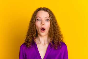 Photo portrait of pretty young girl amazed scared face wear trendy violet outfit isolated on yellow...