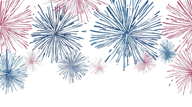 Hand-drawn fireworks, red and blue