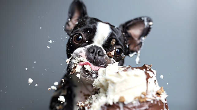 Creative food animal template. A greedy messy Boston Terrier covered in frosting cream eating a huge birthday vanilla cake in grey background. magazine, banner, advertisement. copy text space	
