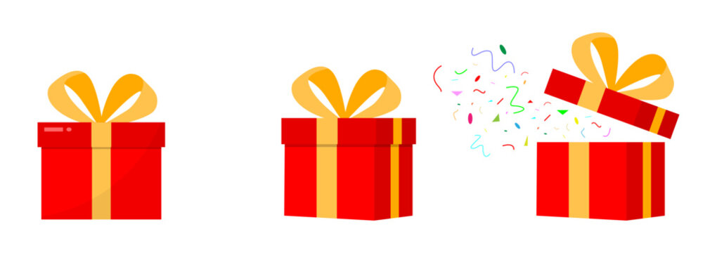 Vector gift box set with closed and opened surprise boxes in red and yellow colors. Flat style gift box with ribbon for New Year or Christmas present.
