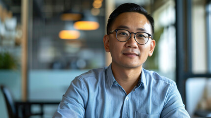 Obraz premium Confident asian businessman portrait. Portrait of a confident and successful Asian businessman, wearing glasses and a blue shirt, in a modern office setting.