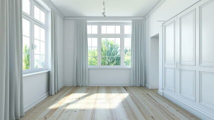Fototapeta premium Empty room with two windows and curtains and built-in wardrobes and parquet flooring.