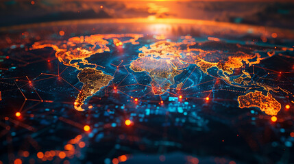 World map, glowing network connections, sunset, digital interface, futuristic, global communication, aerial view