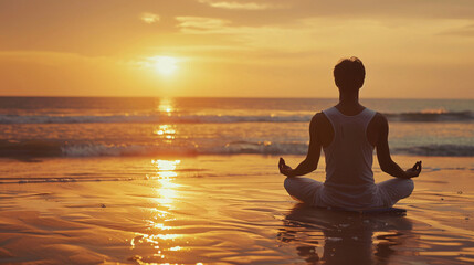 Fototapeta premium Serene sunset meditation. Find your inner peace with this captivating image of a person meditating on the beach at sunset. Perfect for promoting mindfulness and relaxation.