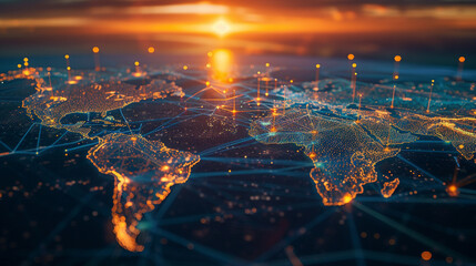 World map, glowing network connections, sunset, digital interface, futuristic, global communication, aerial view