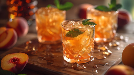 Three Ice Cold Bourbon Peach Smash Cocktails with Mint Garnish for Refreshing Drinks
