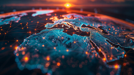 World map, glowing network connections, sunset, digital interface, futuristic, global communication, aerial view