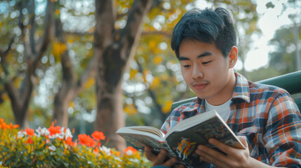 Young man reading book in park. A young man enjoying a peaceful moment reading a book in a park surrounded by nature.