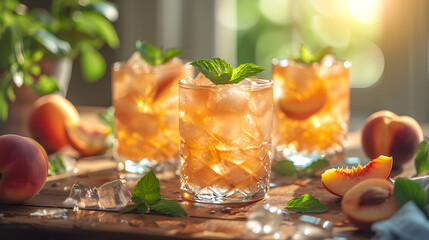 Three Ice Cold Bourbon Peach Smash Cocktails with Mint Garnish for Refreshing Drinks