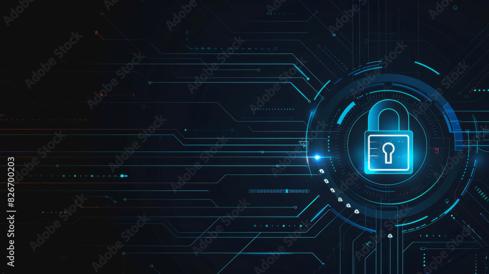 Poster abstract digital background portraying cybersecurity with a glowing padlock symbol