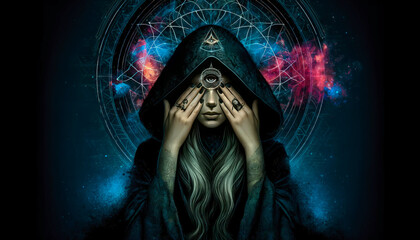 Mystical Woman With Third Eye And Celestial Background In Dark Surreal Art Ai Generated