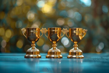 Set of three golden trophies against a beautifully blurred blue and gold backdrop