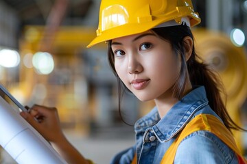 Close-up photo of Asian female architect examining blueprints using tablet at sustainable building site