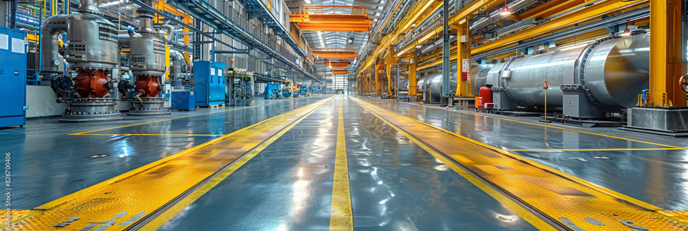 Poster in an automated factory, control systems oversee transportation lines for efficient manufacturing pr