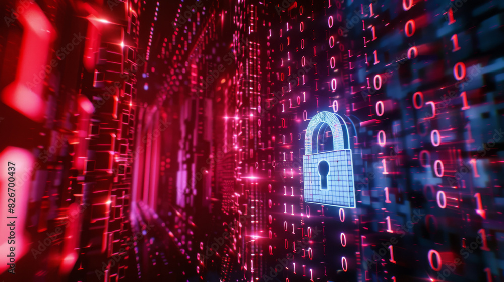 Poster 3d concept illustration of a cyber security tunnel with a padlock and binary code