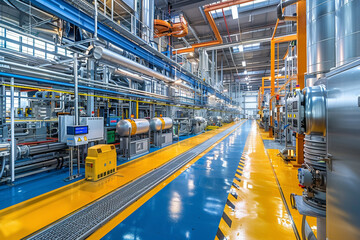 Naklejka premium In an automated factory, machinery controls industrial production, with conveyors moving materials seamlessly.