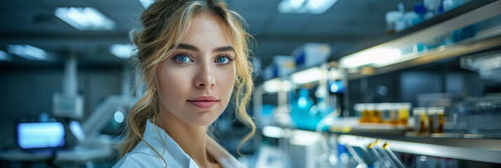 A charming blonde laboratory technician analyzing health care samples in a hospital laboratory.