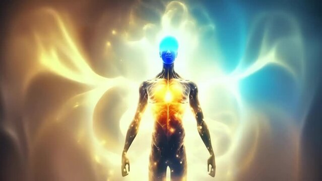 Godlike Meta Human Radiating with Divine Energy: A Conceptual Journey into Meditation, Transcendence, and Spiritual Enlightenment - 4k new stock video footage animation AI