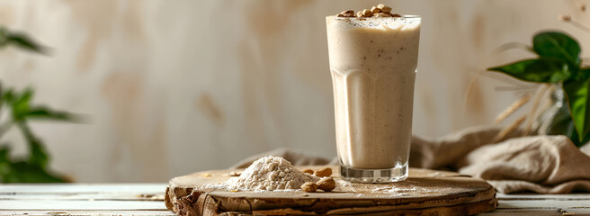 Sattu Flour Smoothie Glass on Plain White, Rustic Wooden Table Setting with Sattu Smoothie
