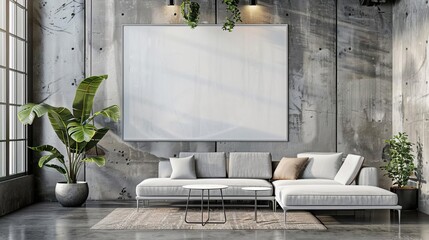 stylish modern living room interior with blank poster on concrete wall kitchen background 3d rendering