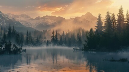 Dawn in a wooded area with misty peaks