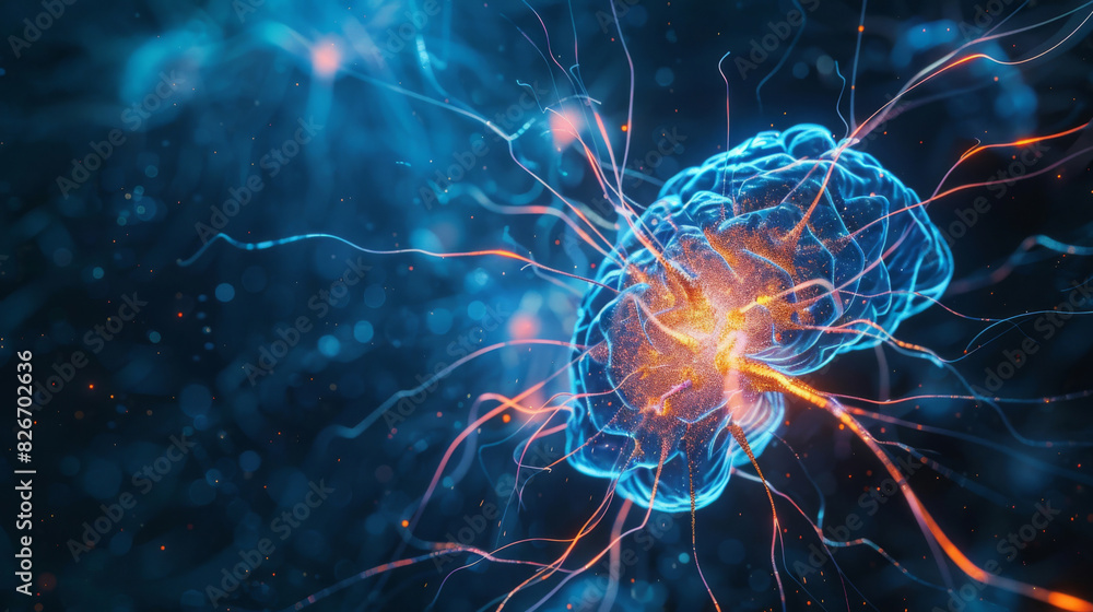Poster neural network depicted artistically with glowing synapses and interconnected pathways