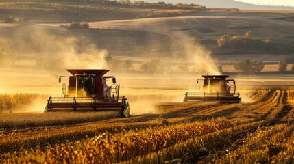 Fototapeta premium Two combine harvesters work in golden wheat fields during sunset, creating dusty trails in a rural landscape.