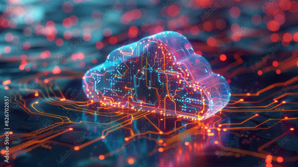 Poster glowing digital cloud overlaying a circuit board as a vibrant representation of cloud computing tech