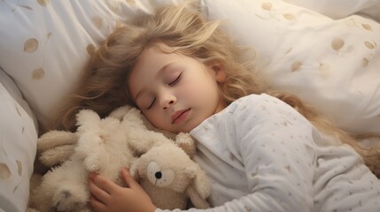 Obraz premium A little girl is sleeping on her side, lying in a cozy bed, hugging her beloved plush toy tightly.