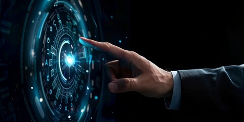 Technology, businessman touching digital shield, cybersecurity concept with orange light.