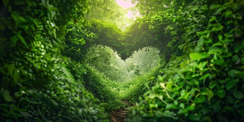 Nature, heart-shaped tunnel of trees, leading to the sky, lush green foliage, serene and magical...