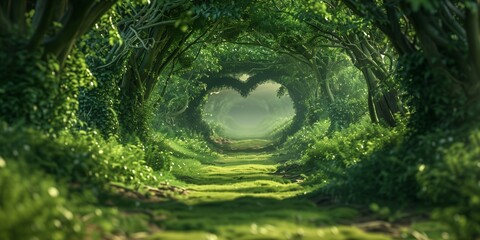 Nature, heart-shaped tunnel of trees, leading to the sky, lush green foliage, serene and magical...