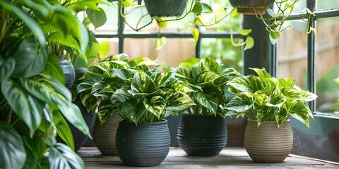 Potted pothos plants on floor and hanging pots climbing and lush green. Concept Indoor Plants, Pothos Varieties, Hanging Pots, Lush Greenery, Decorative Planters