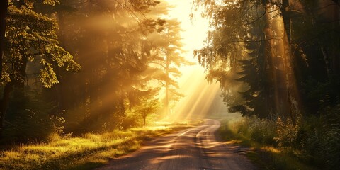 Nature, forest road in the morning, sunlight streaming through trees, serene landscape.