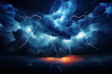 a lightning storm over the ocean with a bright orange lightening, "A powerful ocean lightning storm showcasing bright orange lightning."