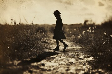 a woman walking down a dirt road in a field, A female strolling along a dirt pathway in an open field. - Powered by Adobe