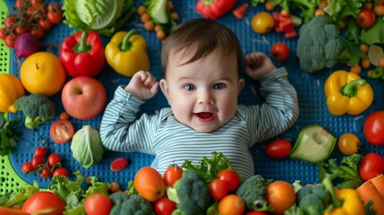 Fototapeta premium Toddler surrounded by various vegetables including broccoli on a play mat