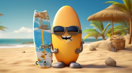 Fototapeta premium A photo of a 3D character with a surfboard and beach