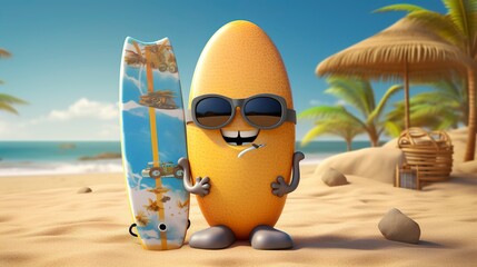 A photo of a 3D character with a surfboard and beach