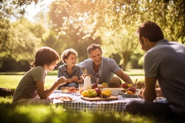 a family having a picnic in the park, A group of individuals enjoying a picnic outing within the park.