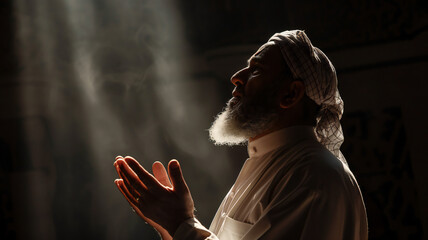 Religious adult muslim man praying inside the mosque 