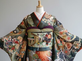 Naklejka premium A woman wearing a kimono with a floral pattern