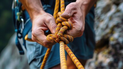 Learning to tie knots Climber knotting ropes Preparing for a climbing journey Importance of safety in rock climbing Safety measures with ropes Node 8 - Powered by Adobe