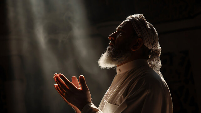Old Muslim man in traditional attire looks upwards with raised hands for prayer for religious or spiritual advertisement