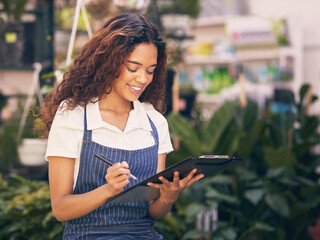 Florist, business and woman with clipboard, inventory and nature with pen, writing and employee....