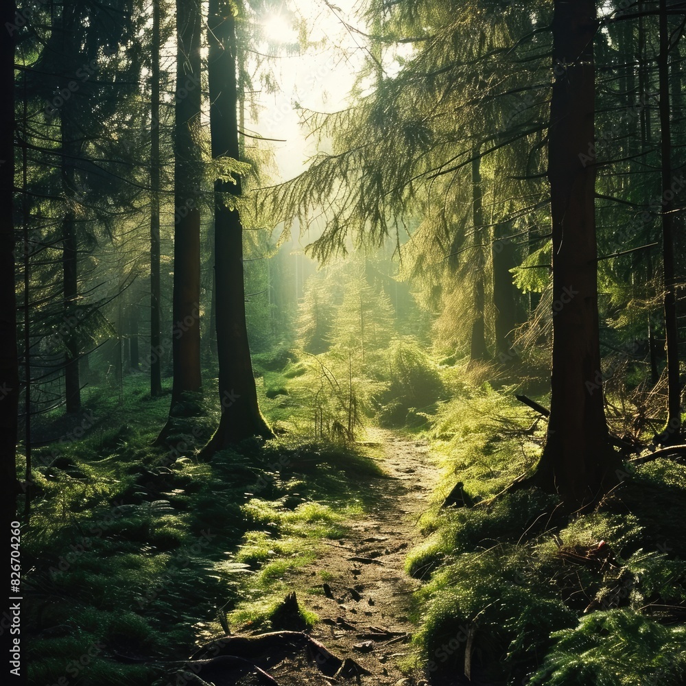 Poster a forest with a path in the middle of it, A woodland featuring a trail running through its center.