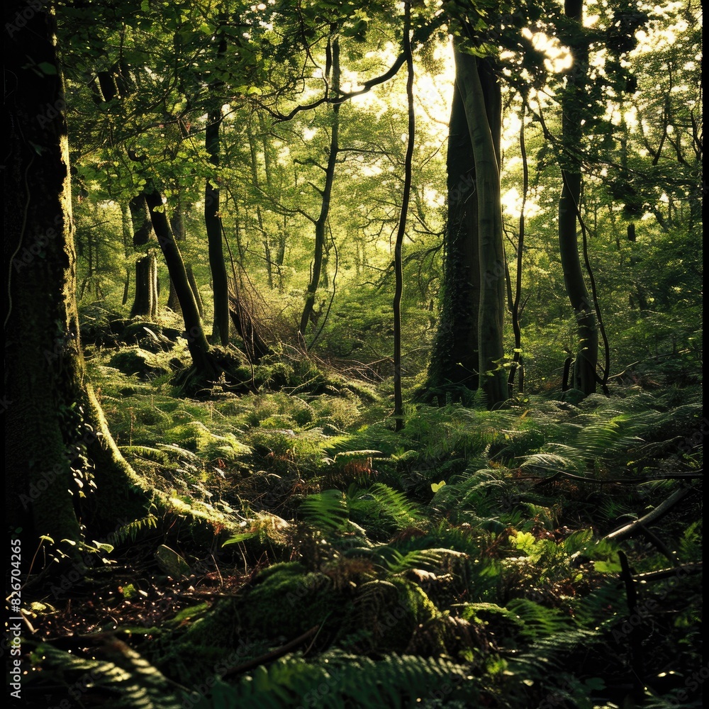 Aufkleber a forest with a path in the middle of it, A woodland featuring a trail running through its center.