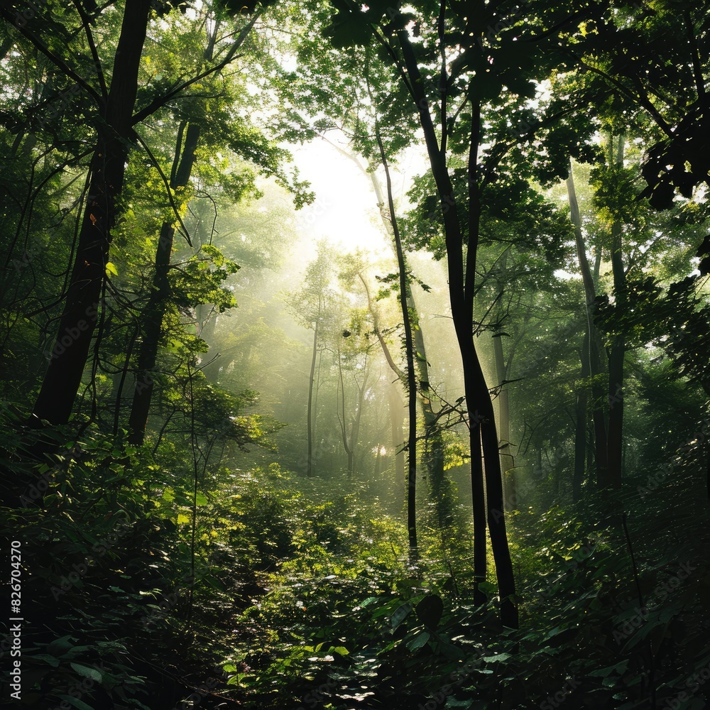 Poster a forest with a path in the middle of it, A woodland featuring a trail running through its center.